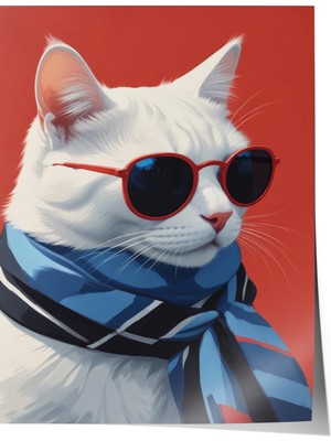 Zestia Poster Gözlüklü Beyaz Kedi Portresi – Mavi Atkılı Modern Stil Salon Dekoru