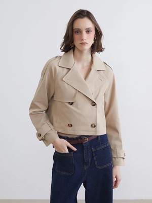 LC Waikiki Bej Kruvaze Yaka Crop Kadın Trençkot  (S6)