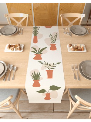 Greendecor Vazo Çiçek Bohem Desenli Özel Tasarım Runner Baskılı Dekoratif Bej Masa Örtüsü Modern Ev Dekorasyonu
