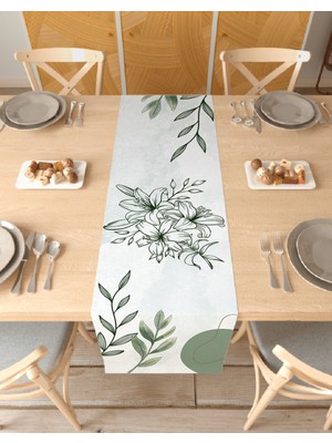 Greendecor Çiçek Yaprak Desenli Özel Tasarım Runner Dijital Baskılı Dekoratif Masa Örtüsü Modern Ev Dekorasyonu