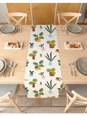 Greendecor Vazo Çiçek Bohem Desenli Özel Tasarım Runner Baskılı Dekoratif Bej Masa Örtüsü Modern Ev Dekorasyonu
