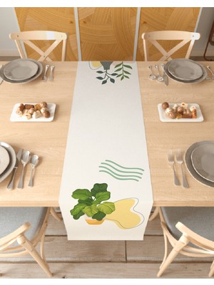Greendecor Vazo Çiçek Bohem Desenli Özel Tasarım Runner Baskılı Dekoratif Bej Masa Örtüsü Modern Ev Dekorasyonu