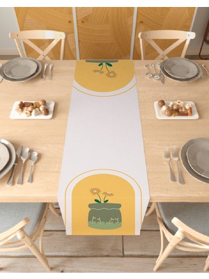 Greendecor Vazo Çiçek Bohem Desenli Özel Tasarım Runner Baskılı Dekoratif Bej Masa Örtüsü Modern Ev Dekorasyonu