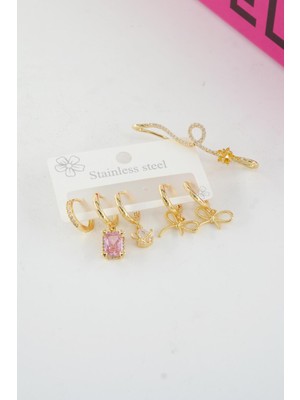 PremiumPort Şık Kadın Vıp Seri Özel Tasarım 6'lı Baget Zirkon Taşlı Küpe Seti