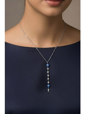 TRY Gümüş  Renk Ezme Zincir Nazar Göz Inci Oval Ye Model Çelik Kolye - 3841