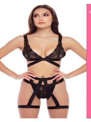 Passione Siyah Dantelli Jartiyerli Harness Fantezi Iç Giyim Seti