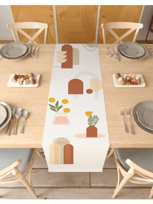 Greendecor Vazo Çiçek Bohem Desenli Özel Tasarım Runner Baskılı Dekoratif Bej Masa Örtüsü Modern Ev Dekorasyonu