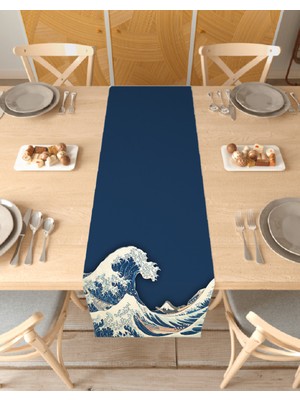 Greendecor Büyük Dalga Deniz Bohem Desenli Baskılı Runner 40X150CM Dijital Baskılı Modern Dekoratif Masa Örtüsü