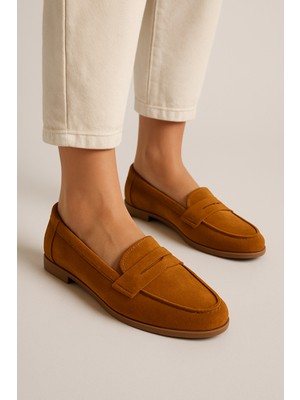 Barones Ayakkabı Hakiki Süet Deri Taba Minimal Kadın Loafer Ayakkabı