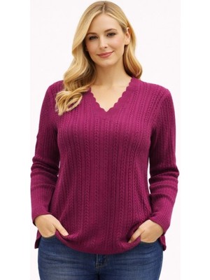 Fresh Moda Kadın V Yaka Triko Esnek Anne Mevsimlik Kazak