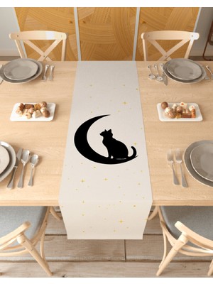 Greendecor Kedi Ay Yıldız Desenli Özel Tasarım Runner Dijital Baskılı Dekoratif Masa Örtüsü Şık Ev Dekorasyonu
