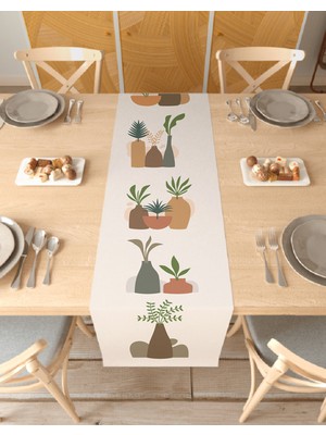 Greendecor Vazo Çiçek Bohem Desenli Özel Tasarım Runner Baskılı Dekoratif Bej Masa Örtüsü Modern Ev Dekorasyonu