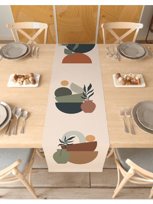 Greendecor Vazo Çiçek Bohem Desenli Özel Tasarım Runner Baskılı Dekoratif Bej Masa Örtüsü Modern Ev Dekorasyonu