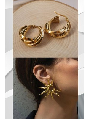 PremiumPort Şık Güneş Figürlü ve Çelik Üçlü Halka Küpe Çiftleri Seti