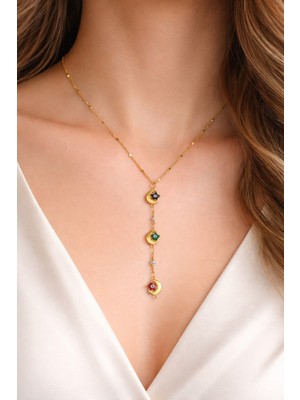 TRY Altın Renk Ezme Zincir Ay Yıldız Ye Model Yeni Sezon Çelik Kolye - 3827