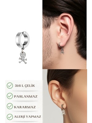 PremiumPort Sıkıştırmalı Mıknatıslı Kuru Kafa Erkek Çelik Küpe, Sallantılı, Gri, 1 Adet