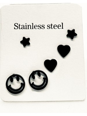 PremiumPort Şık Çelik Kalp ve Yıldız Tasarımlı Siyah Unisex Küpe Seti