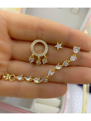 PremiumPort Paslanmaz Çelik 3'lü Kombin Zircon Taşlı Akalite Set Küpe