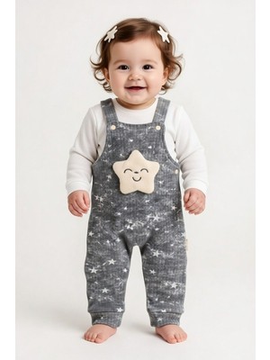 Peluş Yıldız Detaylı Unisex Bebek Salopet Takımı – Yıldız Desenli 2’li Bebek Tulum Seti