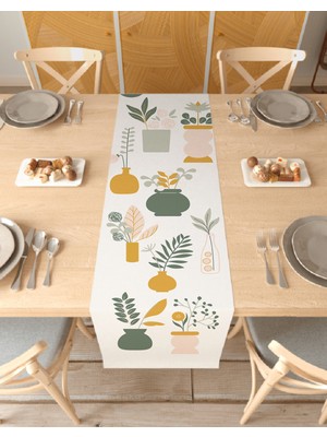 Greendecor Vazo Çiçek Bohem Desenli Özel Tasarım Runner Baskılı Dekoratif Bej Masa Örtüsü Modern Ev Dekorasyonu