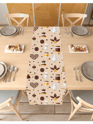 Greendecor Coffee Kahve Bohem Desenli Özel Tasarım Runner Baskılı Dekoratif Masa Örtüsü Modern Ev Dekorasyonu