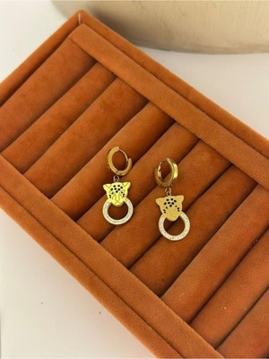 PremiumPort Şık Kaplan Figürlü Zirkon Taş Detaylı Çelik Küpe