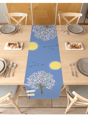Greendecor Sakura Çiçek Desenli Özel Tasarım Runner Dijital Baskılı Dekoratif Masa Örtüsü Modern Ev Dekorasyonu