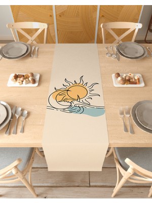 Greendecor Deniz Dalga Güneş Ay Bohem Desenli Özel Tasarım Runner Baskılı Dekoratif Bej Masa Örtüsü Dekorasyon