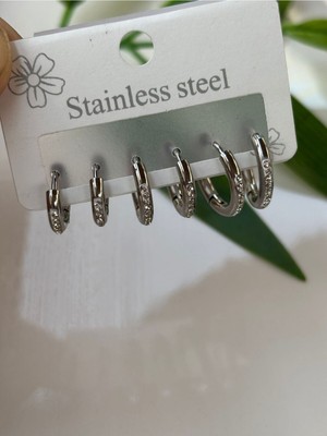 PremiumPort 6'lı Zirkon Taşlı Halka Küpe Seti, Gümüş Rengi, 1-1.5 cm