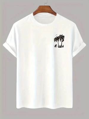 Giyim Center 20/1 Penye Compack Palmiye Baskılı Oversize Bisiklet Yaka Kısa Kol T-Shirt - Beyaz