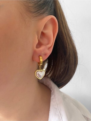 PremiumPort Parlak Çelik Sedefli Kalp Küpe, Şık ve Zarif Tasarım, Günlük ve Özel Günler Için