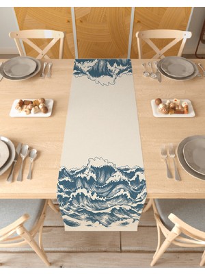 Greendecor Büyük Dalga Deniz Bohem Desenli Baskılı Runner 40X150CM Dijital Baskılı Modern Dekoratif Masa Örtüsü