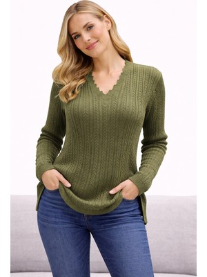 Kadın V Yaka Triko Esnek Anne Mevsimlik Kazak