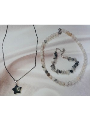 Shine Elagance Doğal Taş Ay Taşı Kolye Doğal Ay Taşı Bileklik Siyah Çelik Zinciriyle Ucunda Dogaltaş Yıldız Obsidyen Kapamaları Çelik 3'lü Kadın Set Sevgililer Günü Hediyesi