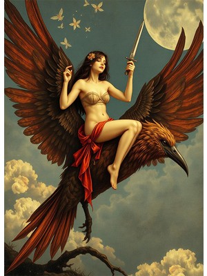 Bedeko Kuş Üstünde Kılıç Tutan Kadın Mdf Ahşap Tablo