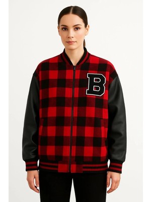 Giyim Center Kadın Kolej Ceket - Kareli Oduncu Kumaş, Kolları Suni Deri, Fermuarlı, Içi Kapitone Astarlı, Nakışlı Oversize Bahar & Kış Stil - Bordo