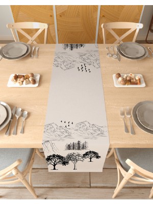 Greendecor Orman Dağ Kuş Desenli Özel Tasarım Runner Dijital Baskılı Dekoratif Masa Örtüsü Şık Ev Dekorasyonu
