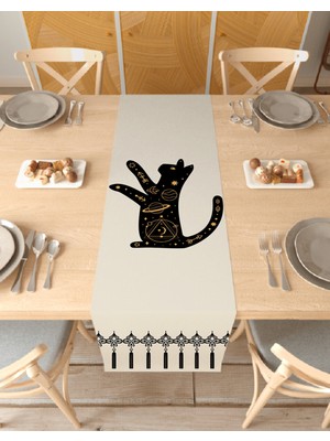 Greendecor Kedi Etnik Uzay Ay Desenli Özel Tasarım Runner Dijital Baskılı Dekoratif Masa Örtüsü Ev Dekorasyonu