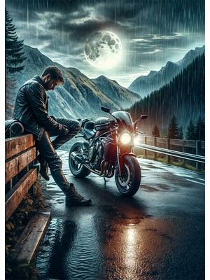 Bedeko Yağmur Altında Motosiklet Sürücüsü Mdf Ahşap Tablo