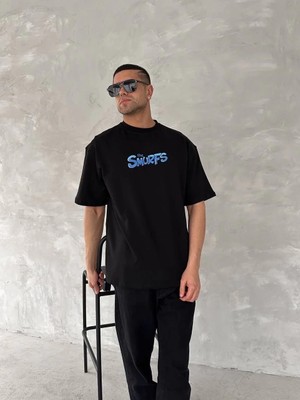 Giyim Center Ön ve Arka Baskılı Oversize Bisiklet Yaka T-Shirt- Siyah
