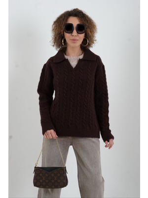 Zelish My Sister Kahve Polo Yaka Saç Örgülü Kazak