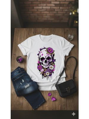 Texrium Bisiklet Yaka Kısa Kollu Kuru Kafa Baskılı Çiçek Desenli %100 Pamuk T-Shirt