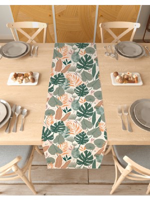 Greendecor Yaprak Bohem Desenli Özel Tasarım Runner Dijital Baskılı Dekoratif Masa Örtüsü Modern Ev Dekorasyonu