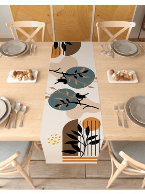 Greendecor Yaprak Bohem Desenli Özel Tasarım Runner Dijital Baskılı Dekoratif Masa Örtüsü Modern Ev Dekorasyonu
