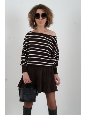 Zelish My Sister Kahve Çizgili Tek Omuz Düşük  Kazak
