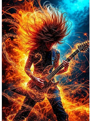 Bedeko Alevler Içinde Gitarist Resimli Mdf Ahşap Tablo