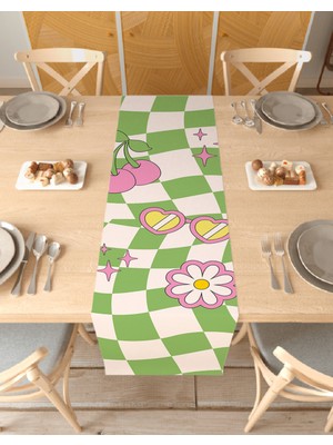 Greendecor Hippi Kiraz Kalp Desenli Özel Tasarım Runner Dijital Baskılı Dekoratif Masa Örtüsü Ev Dekorasyonu