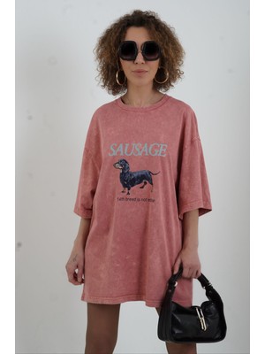 Zelish My Sister Kiremit Sausage Baskılı Soluk Efektli Oversize Tshirt