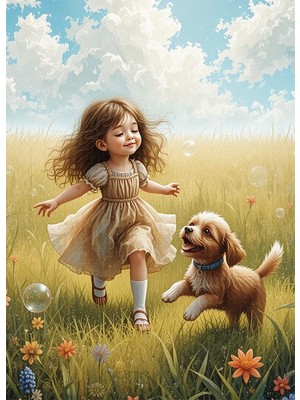 Bedeko Kırlarda Koşan Kız ve Köpeği Ahşap Tablo