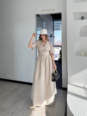 Giyim Center Kısa Kollu Uzun Elbise - Kırık Beyaz